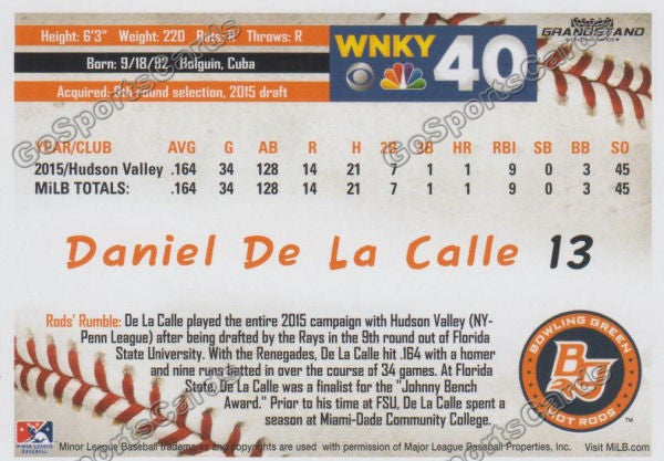2016 Bowling Green Hot Rods Daniel De La Calle Back of Card