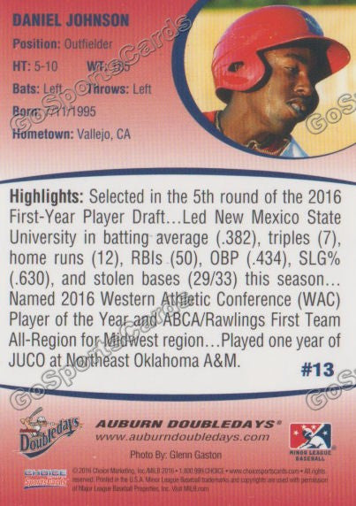 2016 Auburn Doubledays Daniel Johnson Back of Card