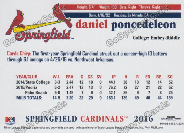2016 Springfield Cardinals Daniel Poncedeleon Back of Card
