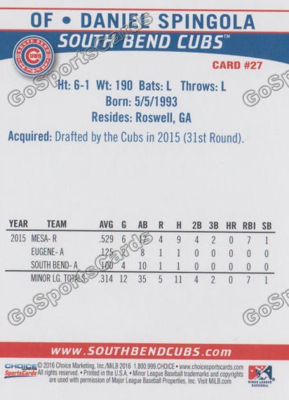 2016 South Bend Cubs Daniel Spingola Back of Card