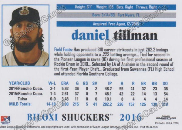 2016 Biloxi Shuckers Daniel Tillman Back of Card