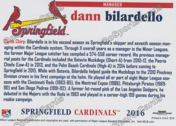 2016 Springfield Cardinals Dann Bilardello Back of Card