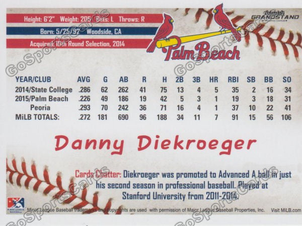 2016 Palm Beach Cardinals Danny Diekroeger  Back of Card