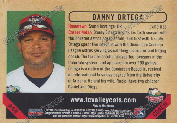 2016 Tri City ValleyCats Danny Ortega Back of Card