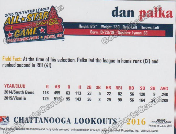 2016 Southern League All Star N Daniel Dan Palka Back of Card