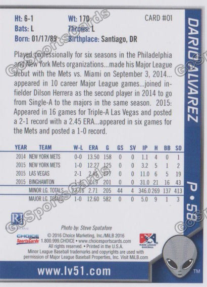 2016 Las Vegas 51s Dario Alvarez  Back of Card