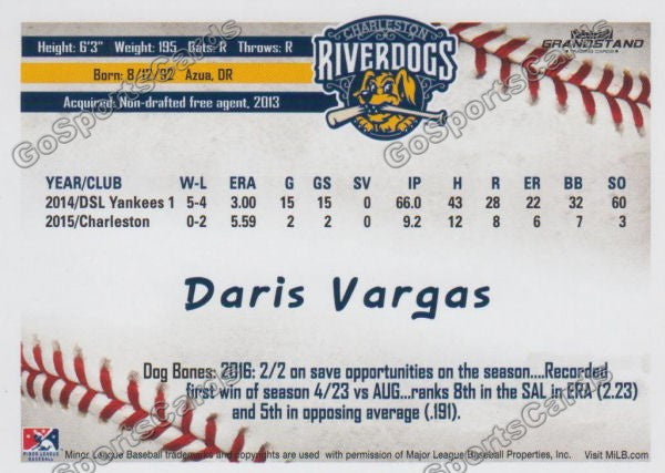 2016 Charleston RiverDogs Daris Vargas Back of Card