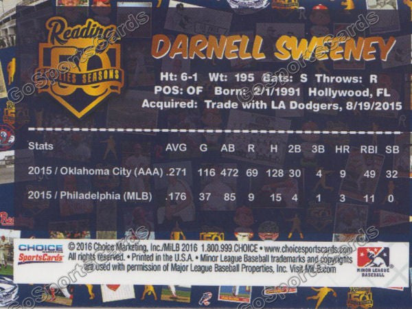 2016 Reading Fightin Phils Top Prospect 25 Darnell Sweeney  Back of Card