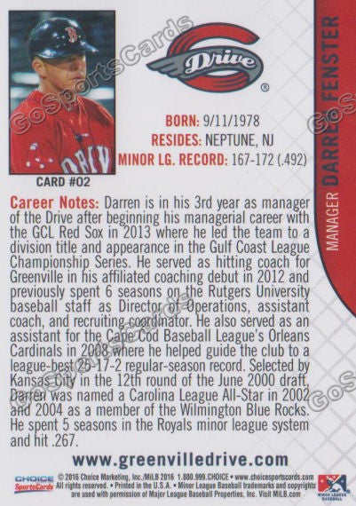 2016 Greenville Drive Darren Fenster Back of Card