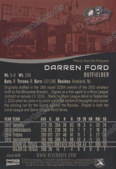 2016 Sacramento River Cats Darren Ford Back of Card