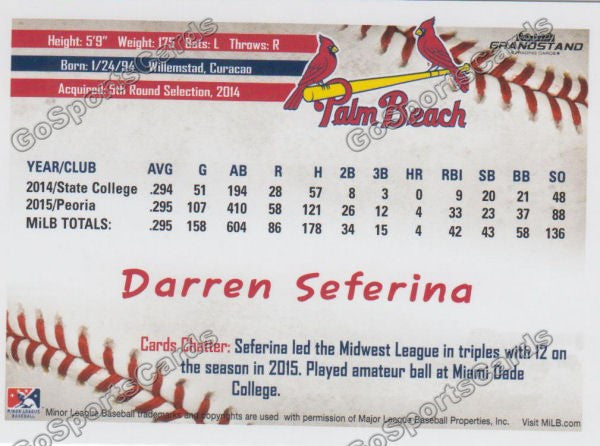 2016 Palm Beach Cardinals Darren Seferina  Back of Card