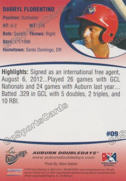 2016 Auburn Doubledays Darryl Florentino Back of Card