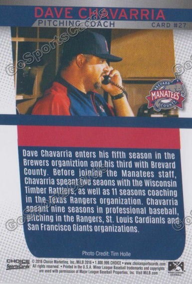 2016 Brevard County Manatees Dave Chavarria Back of Card