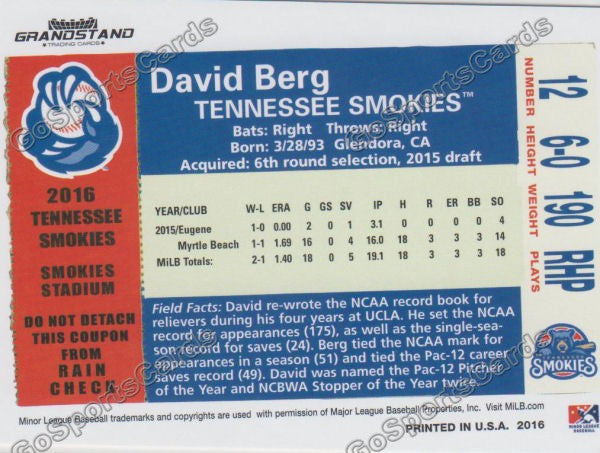 2016 Tennessee Smokies David Berg Back of Card