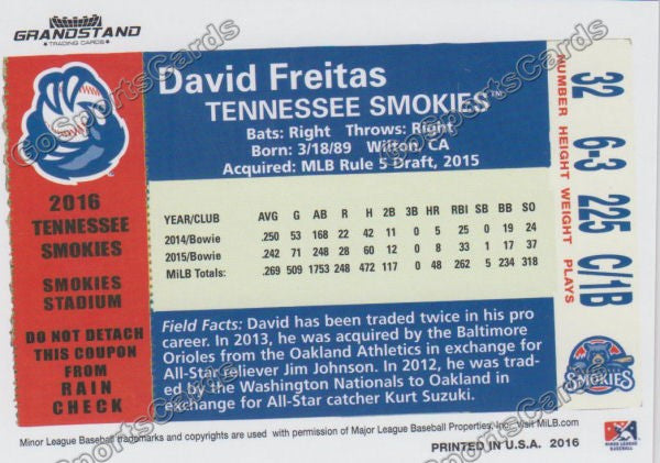 2016 Tennessee Smokies David Freitas Back of Card