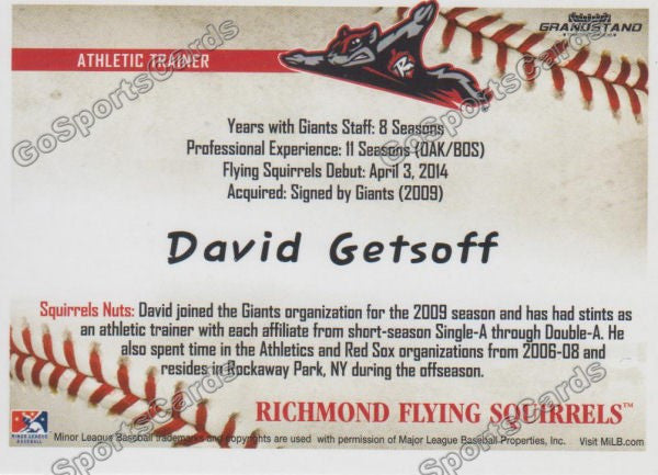 2016 Richmond Flying Squirrels David Getsoff Back of Card