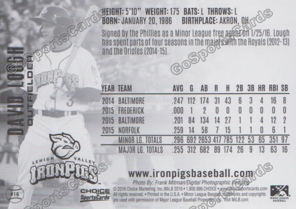 2016 Lehigh Valley IronPigs David Lough Back of Card