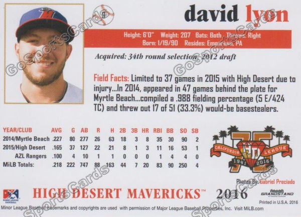 2016 High Desert Mavericks David Lyon Back of Card