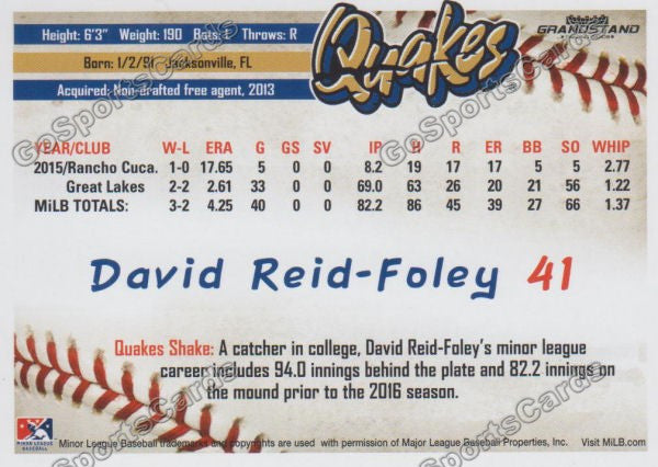 2016 Rancho Cucamonga Quakes David Reid Foley Back of Card