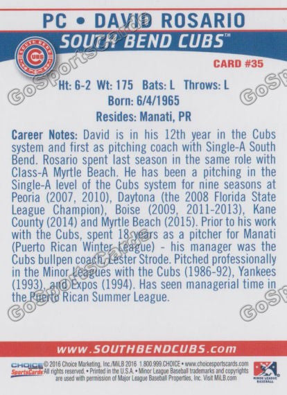 2016 South Bend Cubs David Rosario Back of Card