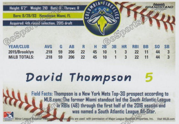 2016 Columbia Fireflies David Thompson Back of Card