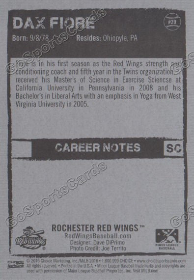 2016 Rochester Red Wings Dax Fiore Back of Card