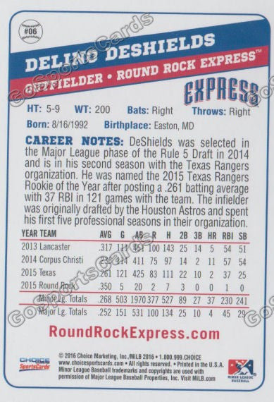2016 Round Rock Express Delino Deshields Back of Card