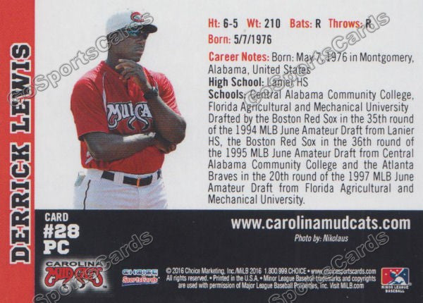 2016 Carolina MudCats Derrick Lewis Back of Card