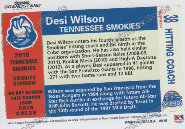 2016 Tennessee Smokies Desi Wilson Back of Card