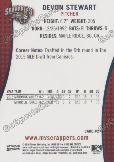 2016 Mahoning Valley Scrappers Devon Stewart Back of Card