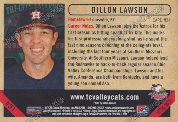 2016 Tri City ValleyCats Dillon Lawson Back of Card