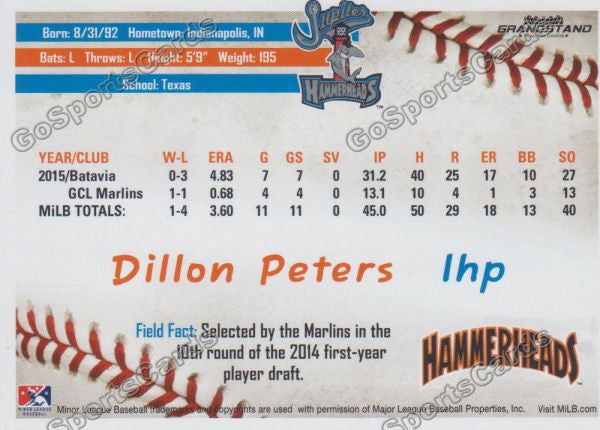 2016 Jupiter Hammerheads Dillon Peters  Back of Card