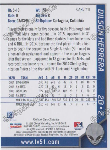2016 Las Vegas 51s Dilson Herrera  Back of Card