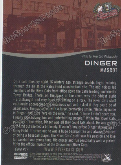 2016 Sacramento River Cats Dinger Mascot Back of Card