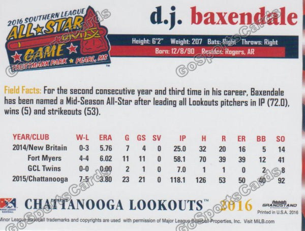 2016 Southern League All Star N DJ Baxendale Back of Card