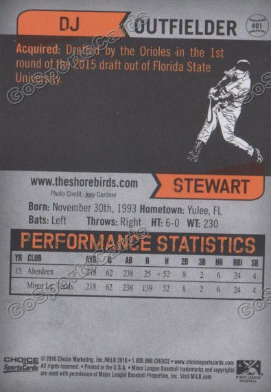 2016 Delmarva Shorebirds DJ Stewart  Back of Card