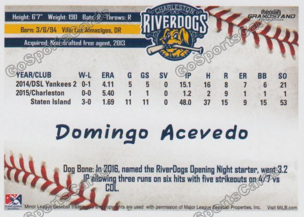 2016 Charleston RiverDogs Domingo Acevedo Back of Card