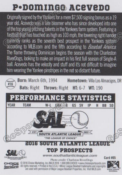 2016 South Atlantic League Top Prospect Domingo Acevedo  Back of Card