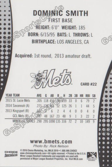 2016 Binghamton Mets Dominic Smith Back of Card