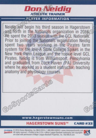 2016 Hagerstown Suns Don Neidig  Back of Card