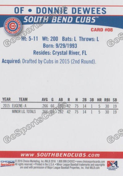 2016 South Bend Cubs Donnie Dewees Back of Card
