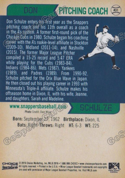 2016 Beloit Snappers Don Schultze Back of Card