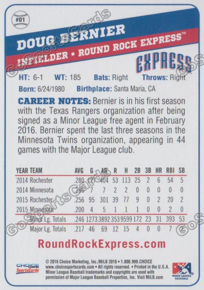 2016 Round Rock Express Doug Bernier Back of Card