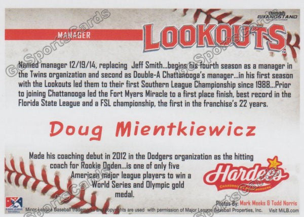 2016 Chattanooga Lookouts Doug Mientkiewicz  Back of Card