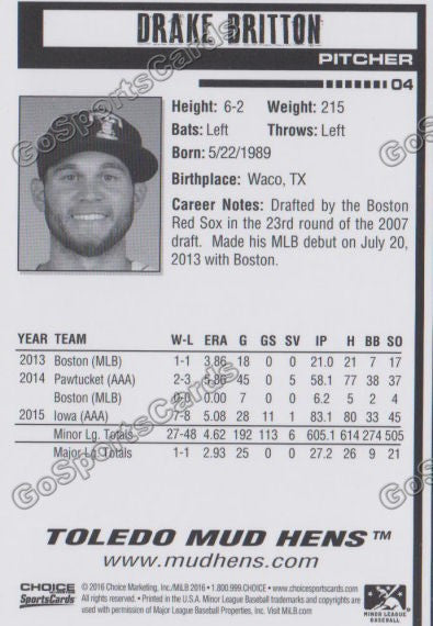2016 Toledo Mud Hens Drake Britton Back of Card