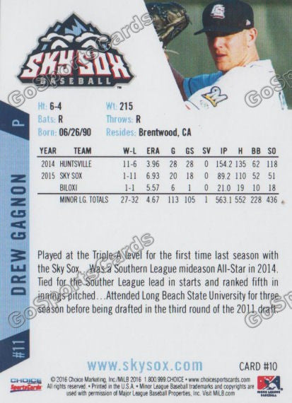 2016 Colorado Springs Sky Sox Drew Gagnon Back of Card