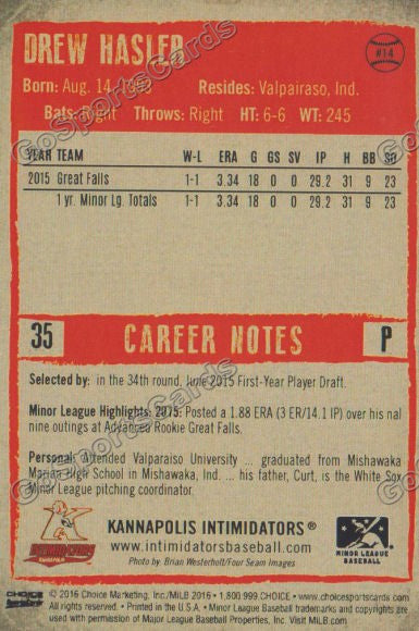  2016 Kannapolis Intimidators Drew Hasler Back of Card