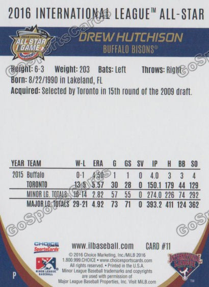 2016 International League All Star Drew Hutchison Back of Card