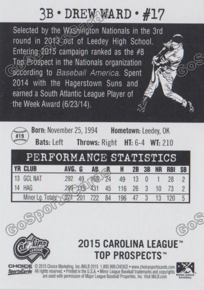 2015 Carolina League Top Prospect Drew Ward  Back of Card