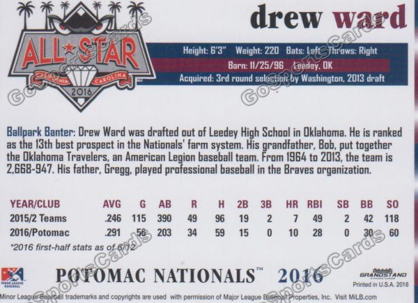2016 Carolina League All Star Drew Ward Back of Card